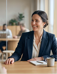 Empresária sorridente de blazer sentada em uma mesa com um caderno e uma xícara de café.