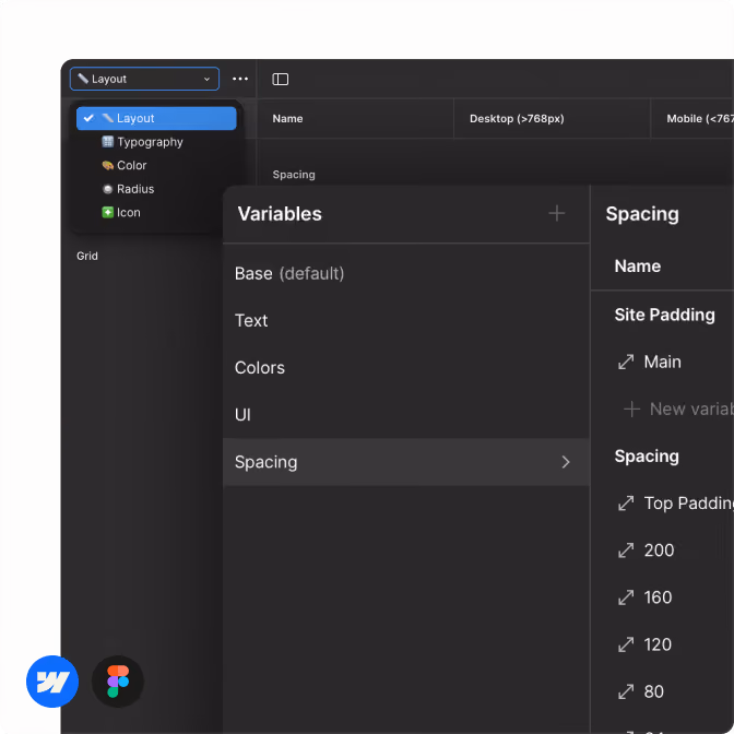 Interface de uma ferramenta de design mostrando variáveis de layout e espaçamento para visualizações desktop e mobile.