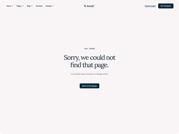 Página de erro 404 de site com mensagem de que a página não pôde ser encontrada e um botão para voltar.