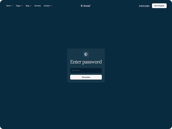 Página de login de site com um campo de senha e um botão 'Obter acesso' sobre um fundo azul-escuro.