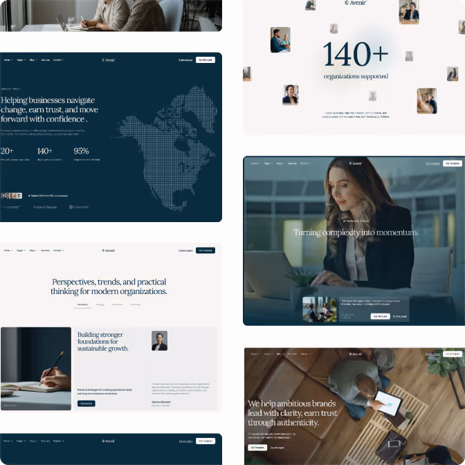 Layout de site com temas de negócios, incluindo mapas, retratos profissionais e citações sobre crescimento e confiança.