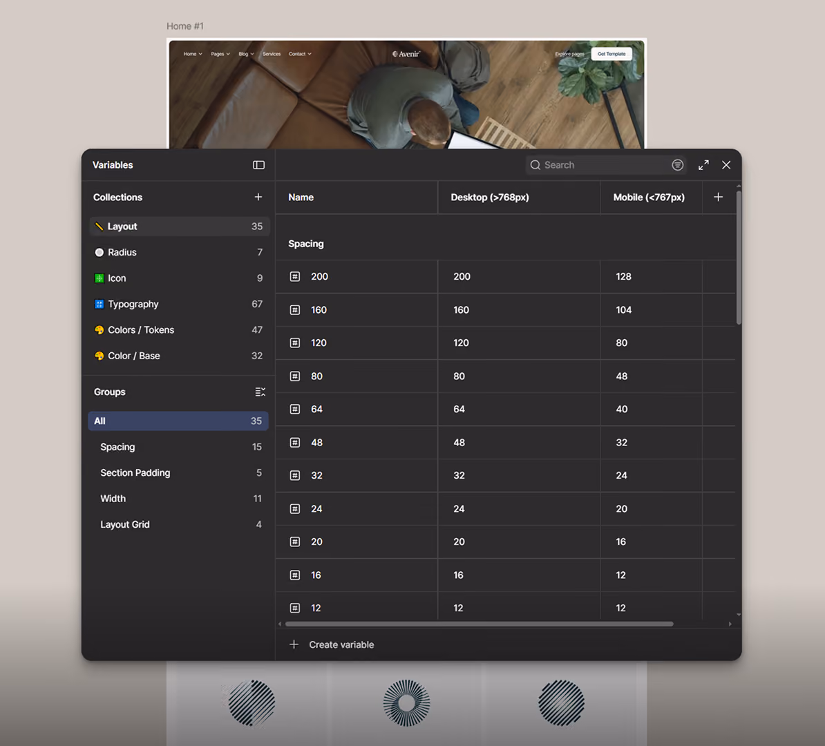 Interface mostrando um painel de variáveis com tamanhos de espaçamento de layout para larguras de tela desktop e mobile.